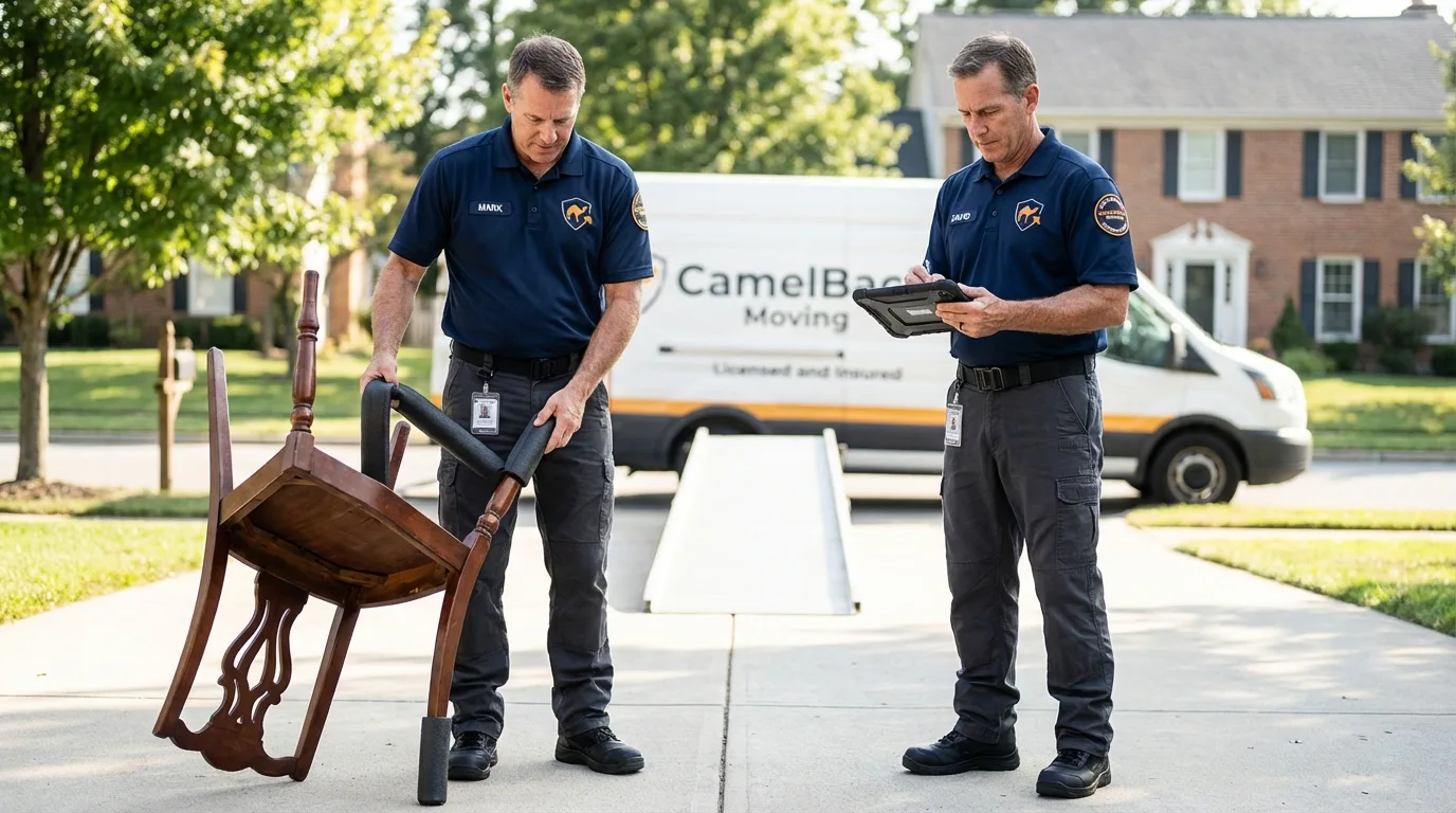 Movers inspecting furniture for damage prevention before loading in Sheridan, OR